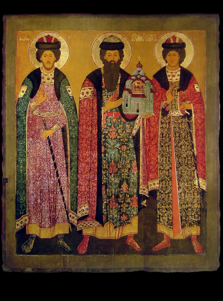 Sint Vsevolod Mstislavich, Prins van Pskov met Heiligen Boris en Gleb, begin 17e eeuw door Anonymous Russian icon painter