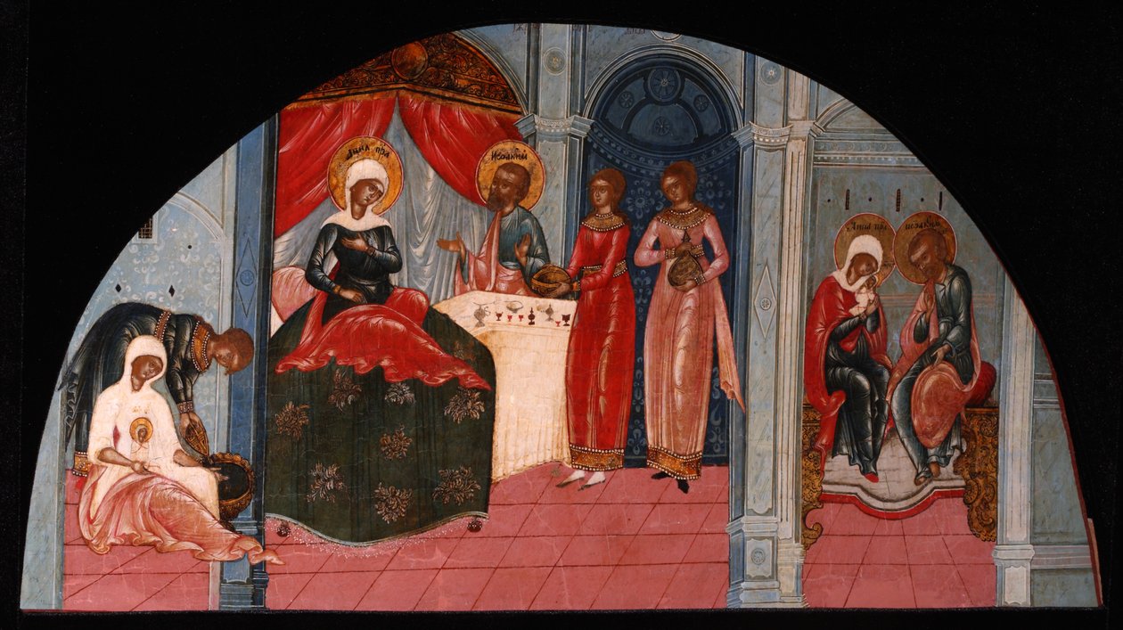 De geboorte van de Maagd Maria door Anonymous Russian icon painter