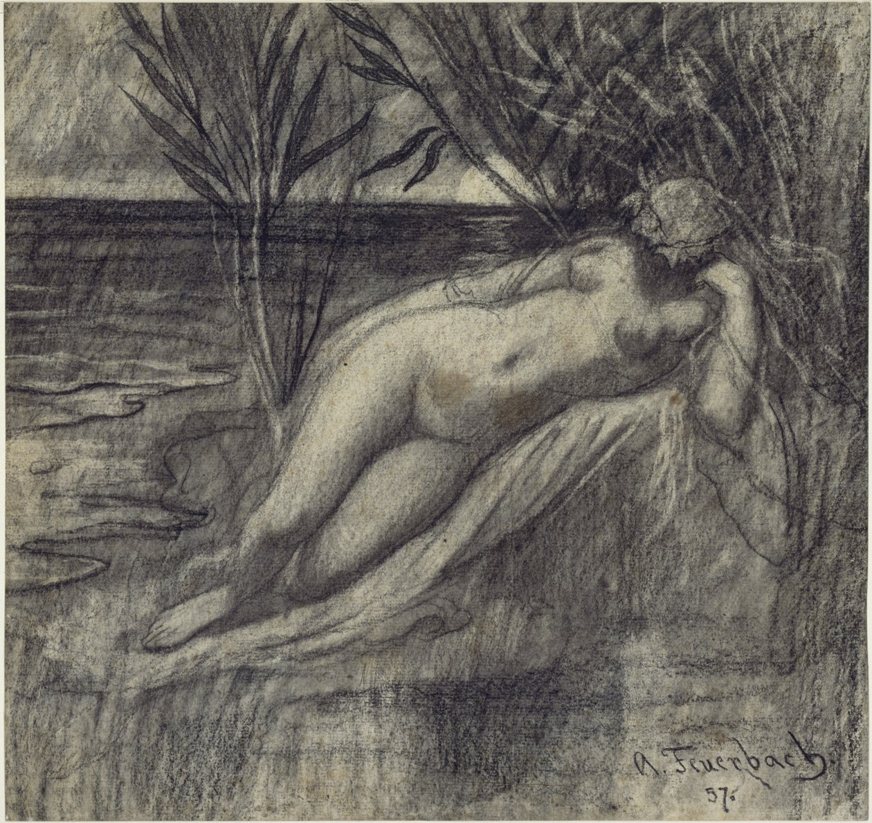 Slapende nimf bij de rivier door Anselm Feuerbach