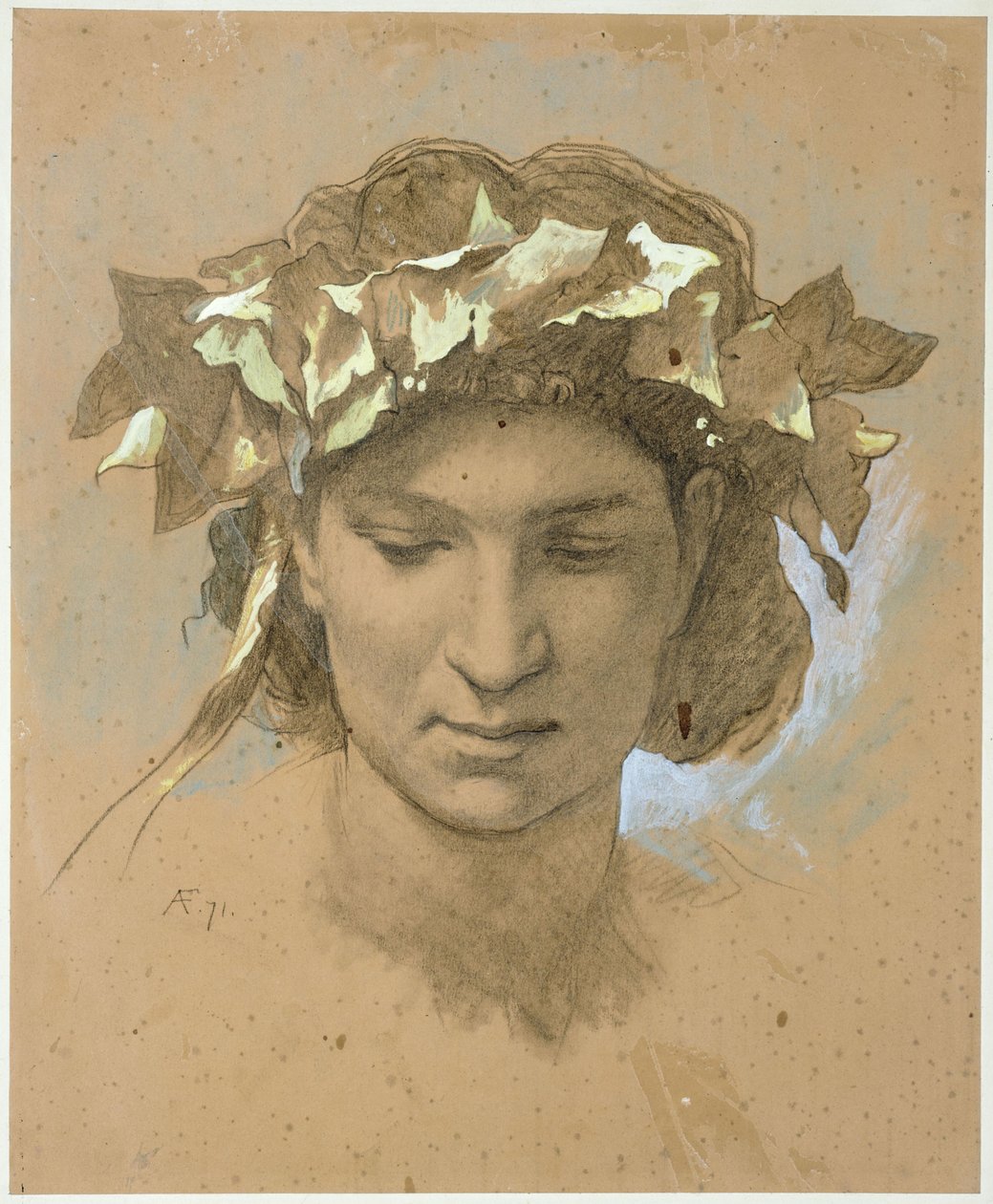 Vrouwelijk hoofd, omkransd met klimop. Studie naar het schilderij „Het banket van Plato“ (1873, Nationale Galerie, Berlijn) door Anselm Feuerbach