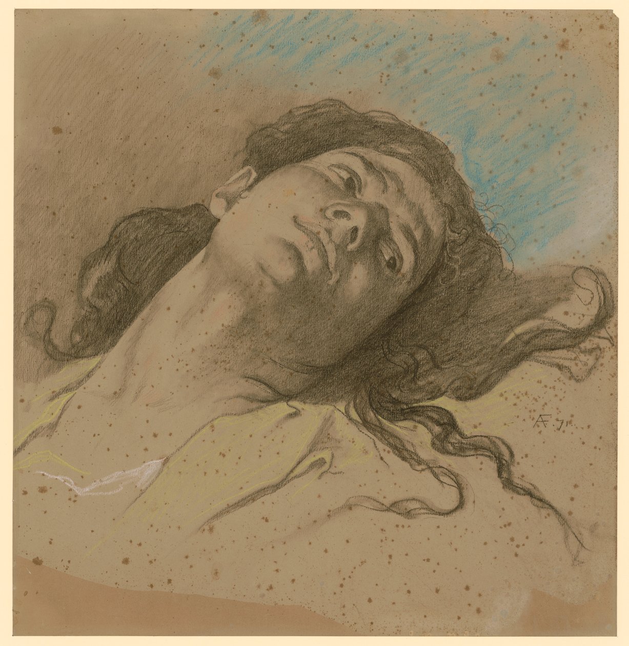 Studie van een vrouwenhoofd, achterovergeleund, met los haar door Anselm Feuerbach