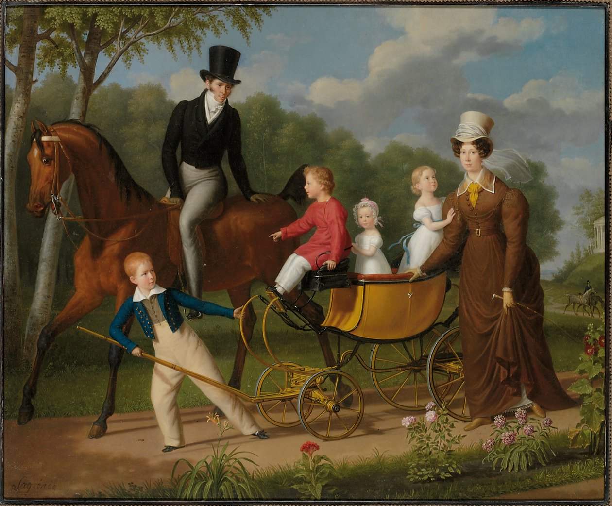 Portret van een heer, vermoedelijk de Russische architect Voronikhin in de tuinen van het Pavlovsk Paleis, met zijn vrouw en kinderen door Anthelme Francois Lagrenee