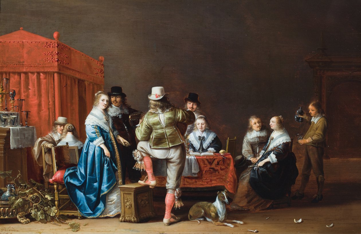 Een interieur met negen figuren rond een tafel (olieverf op paneel) door Anthonie (1601-73) Palamedesz
