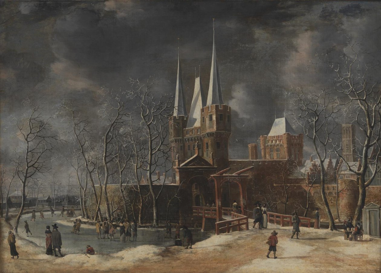 De Luttekepoort in Harderwijk in de winter door Anthonie Beerstraaten