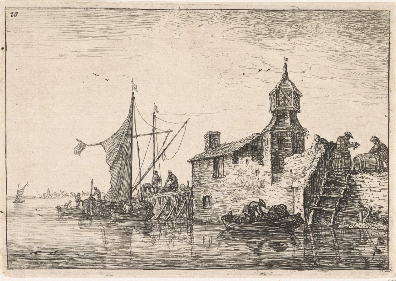 Aanlegplaats bij een gebouw met een toren door Anthonie Waterloo