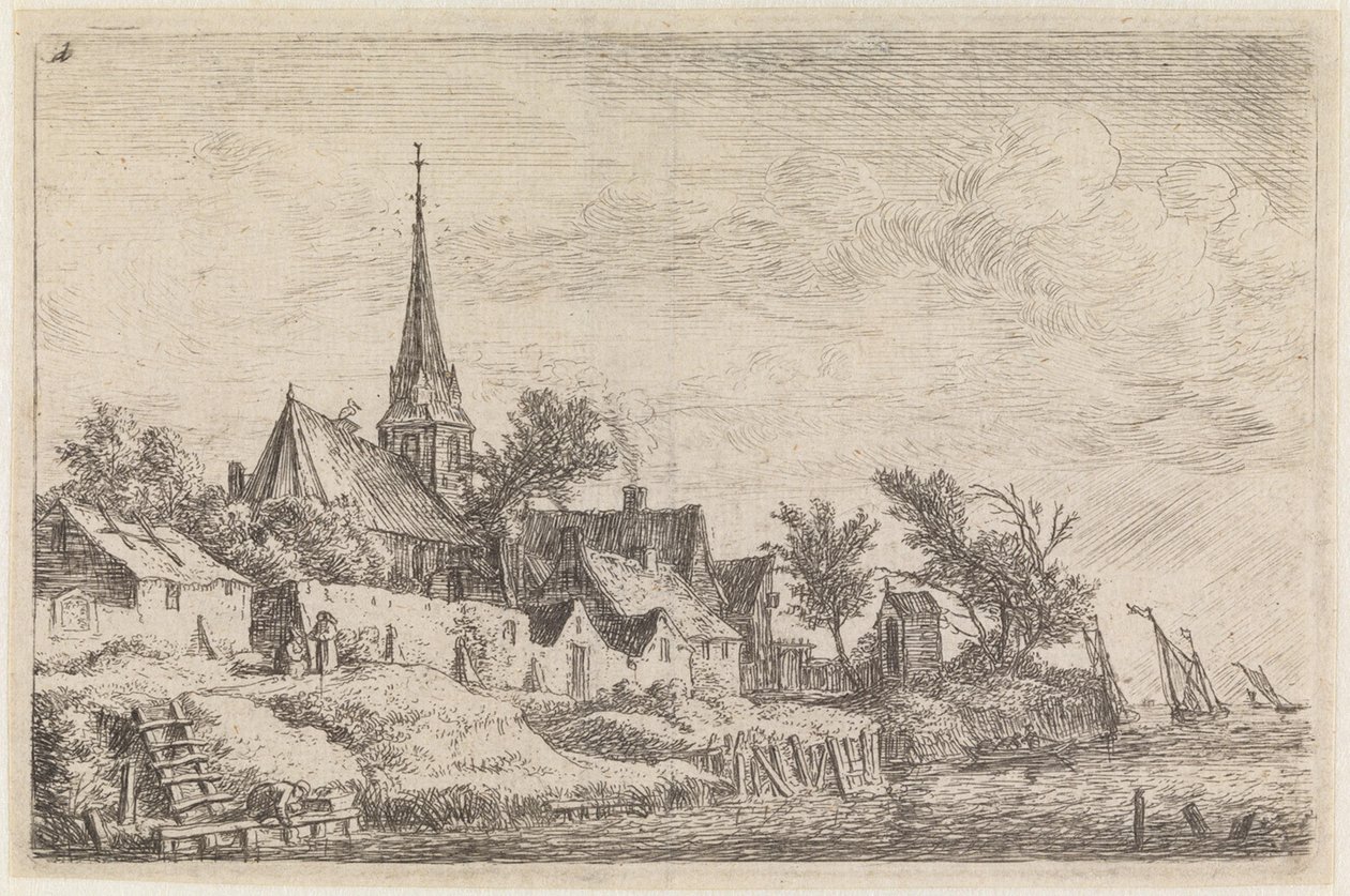 Dorpje met een kerk met spitse toren aan de oever van de zee (nr. 4 uit een serie van 12 prenten) door Anthonie Waterloo