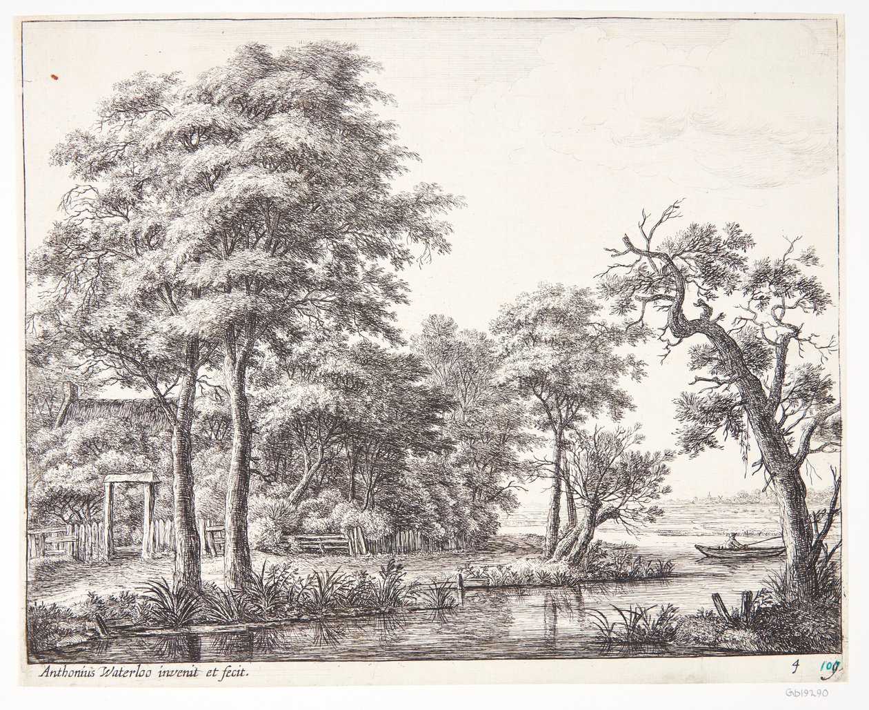 Rivierlandschap met man in een roeiboot door Anthonie Waterloo