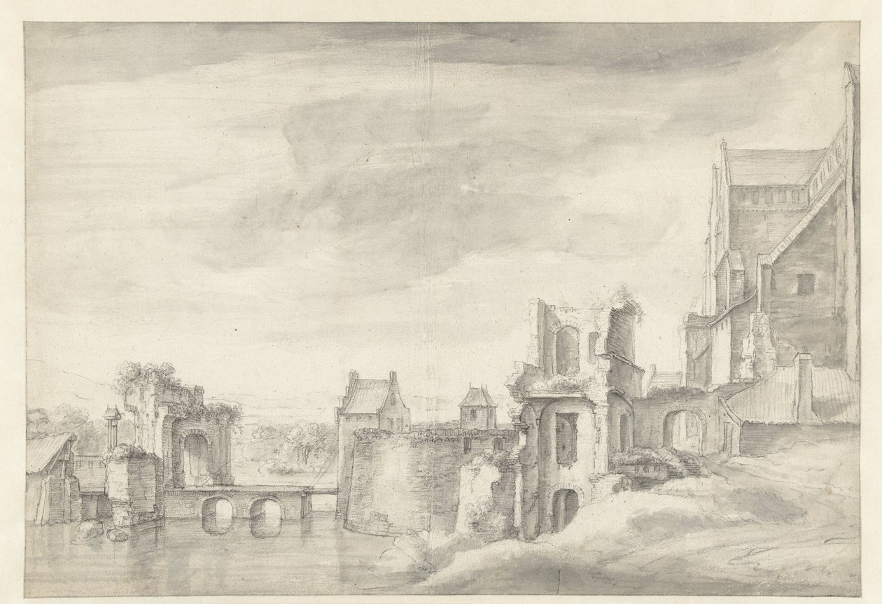 Gezicht op ruïnes aan een rivieroever (St. Walburgkerk te Arnhem?) door Anthonie Waterloo