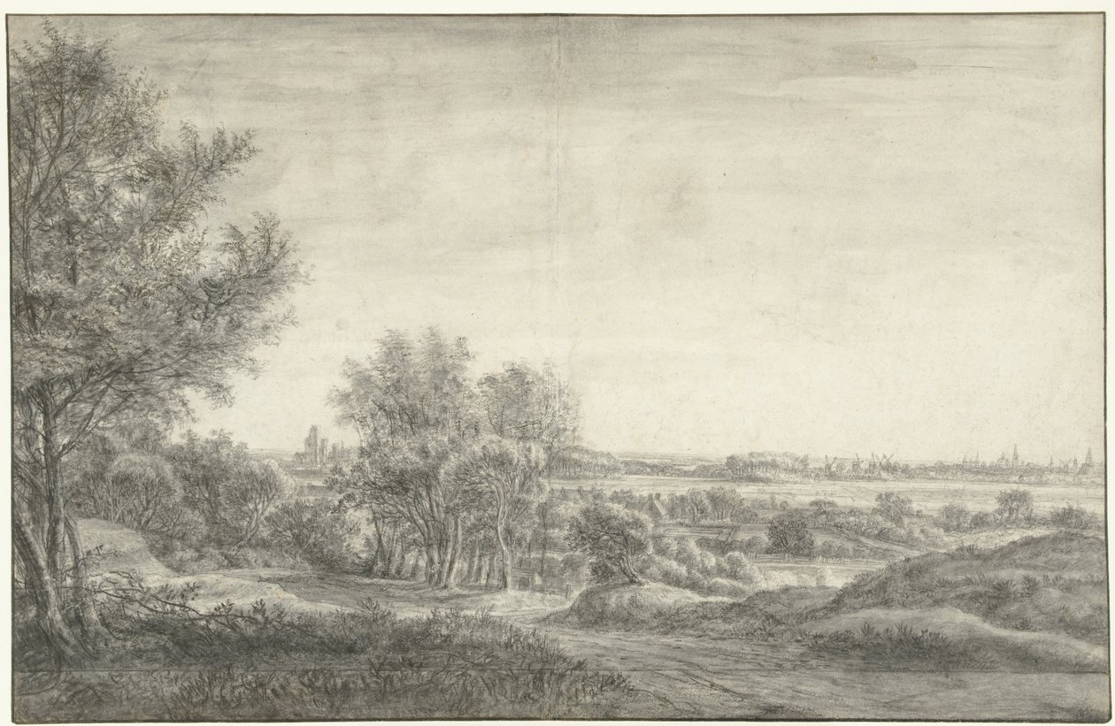 Gezicht vanuit de duinen op Haarlem met ruïne van het Huis te Kleef door Anthonie Waterloo