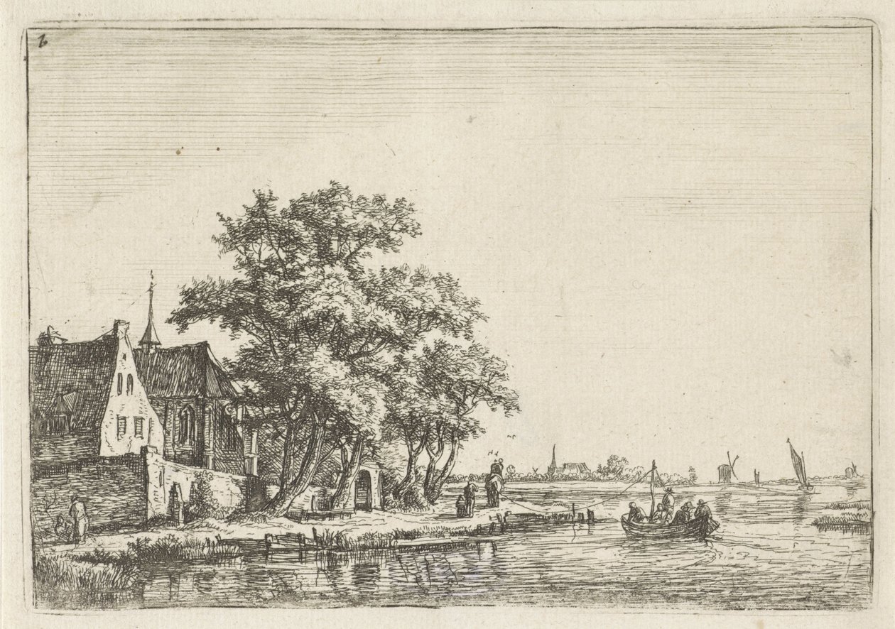 Kerk aan het water door Anthonie Waterloo