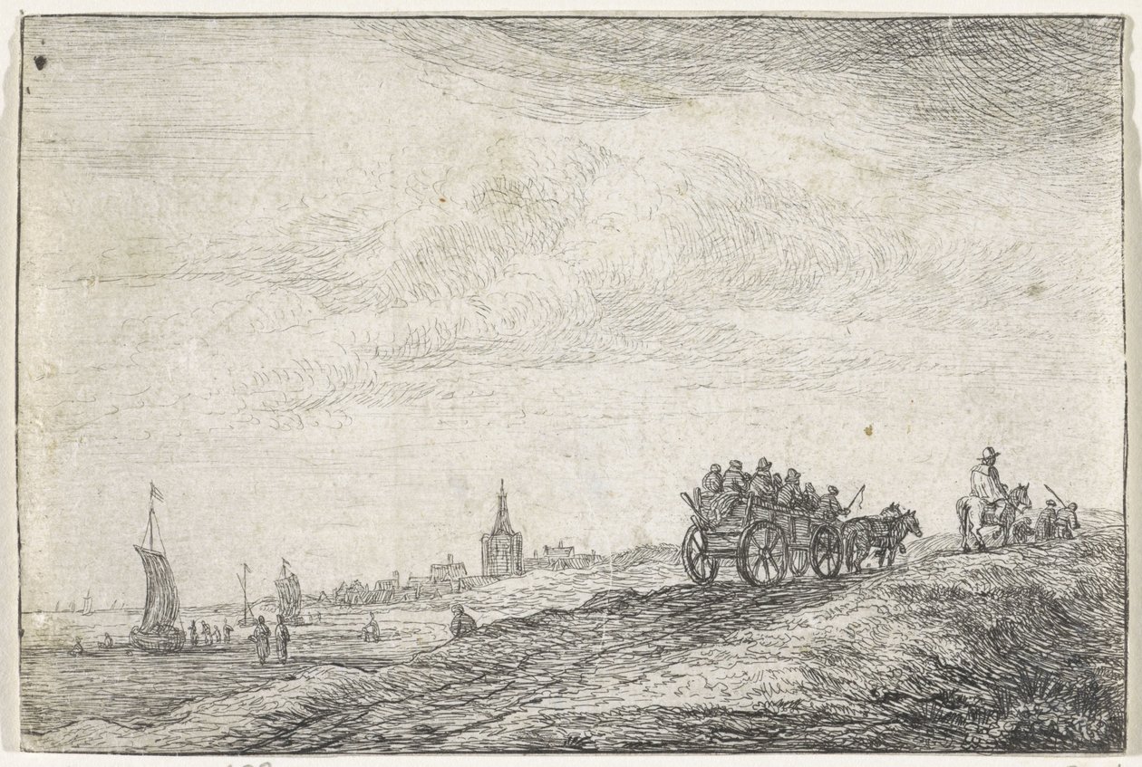 Kustlijn met paard en wagen door Anthonie Waterloo