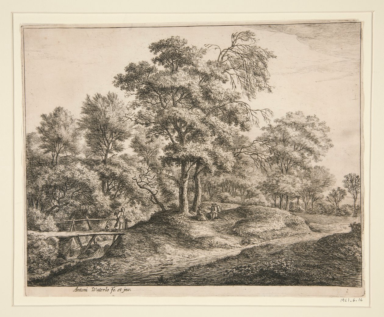 De boerin en het meisje op de kleine houten brug door Anthonie Waterloo