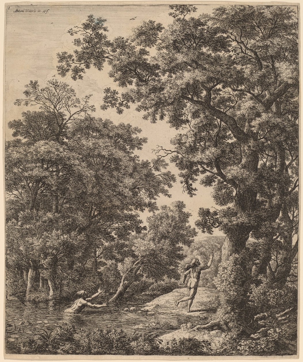 Landschap met Alpheus en Arethusa door Anthonie Waterloo