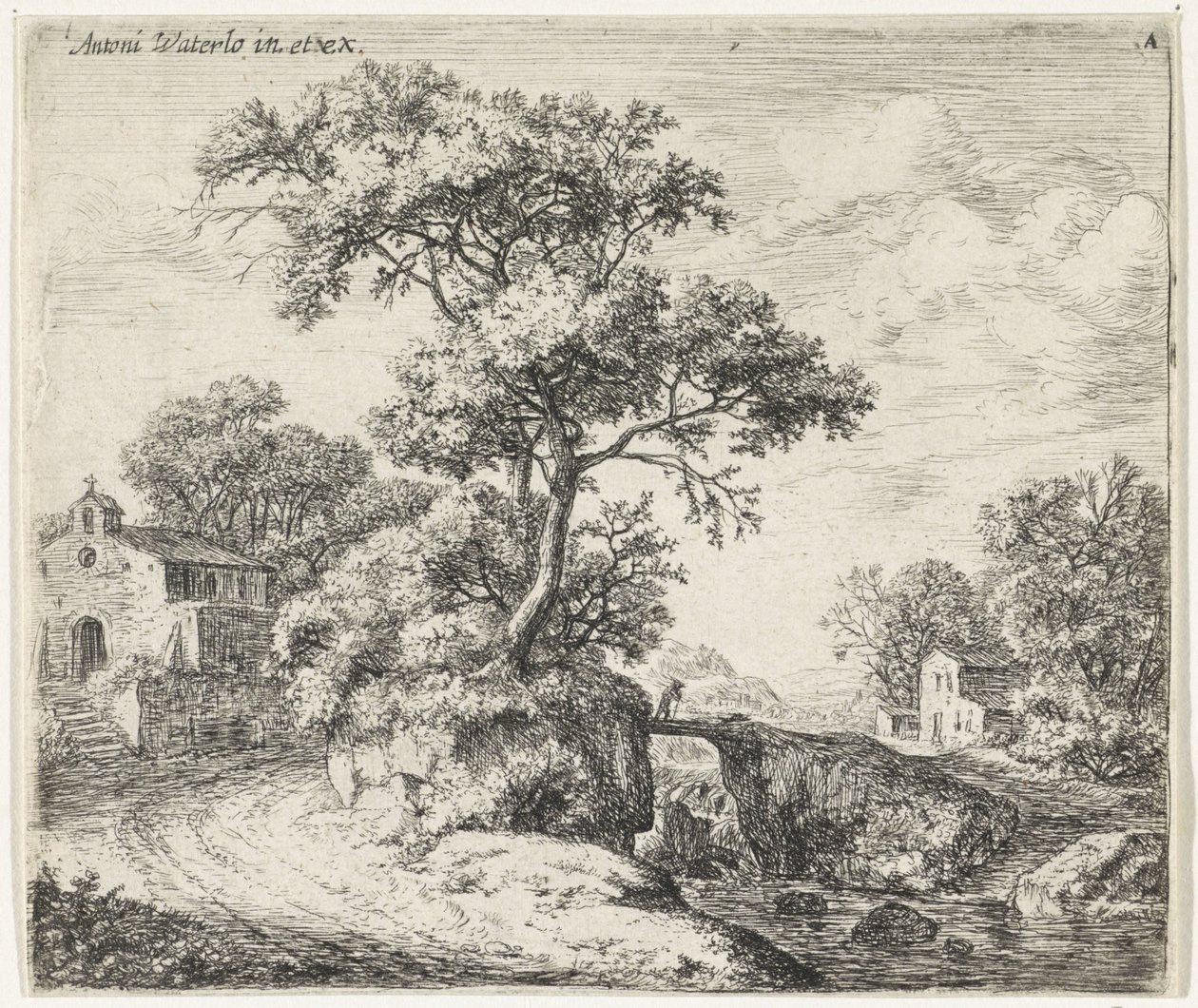 Landschap met een kapel door Anthonie Waterloo