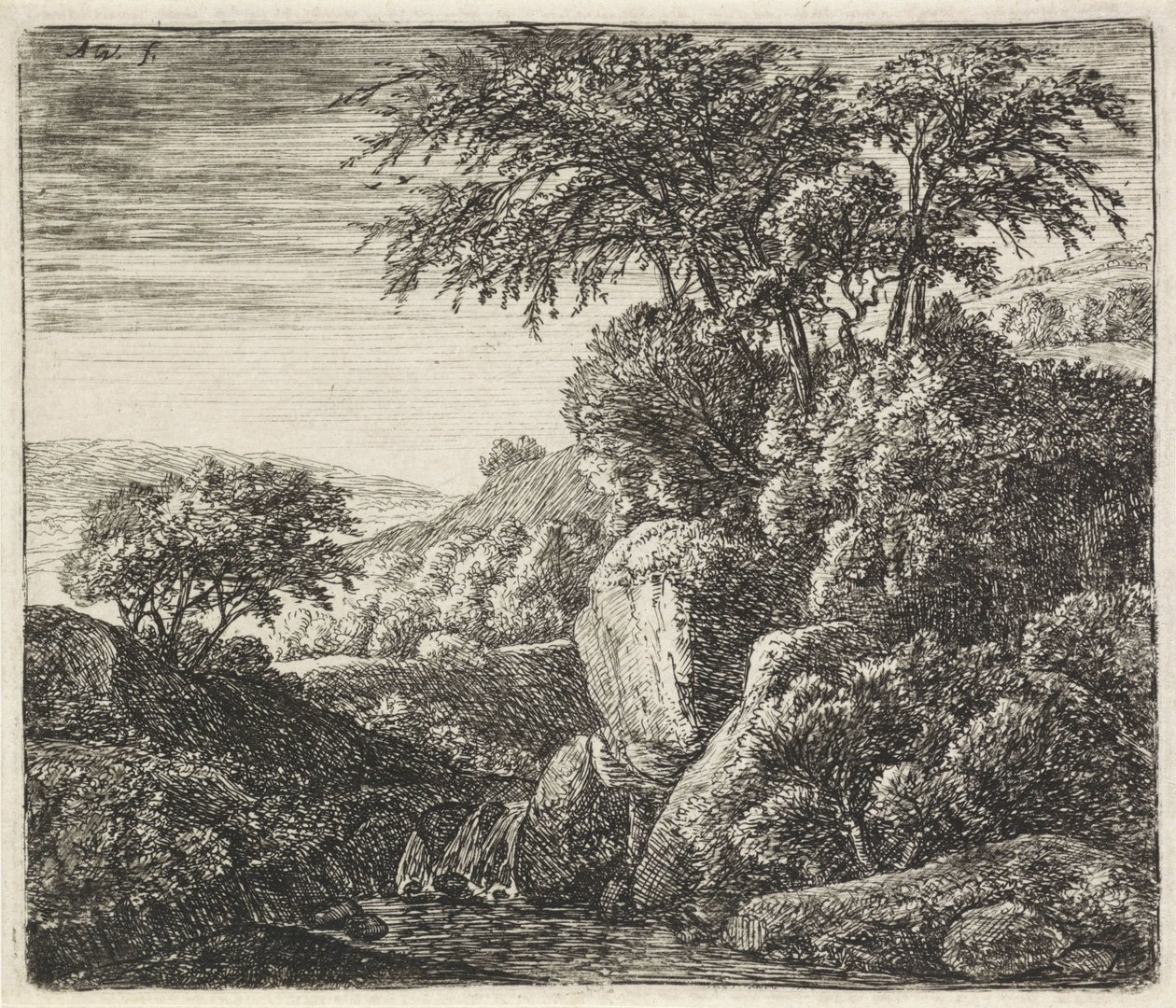 Landschap met een kleine waterval door Anthonie Waterloo