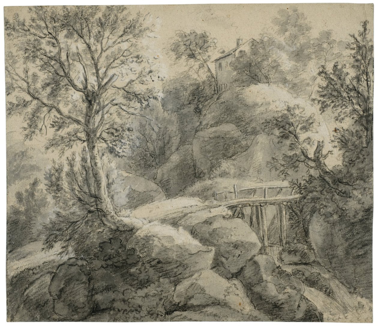 Rotsachtig landschap met een brug over een beek door Anthonie Waterloo