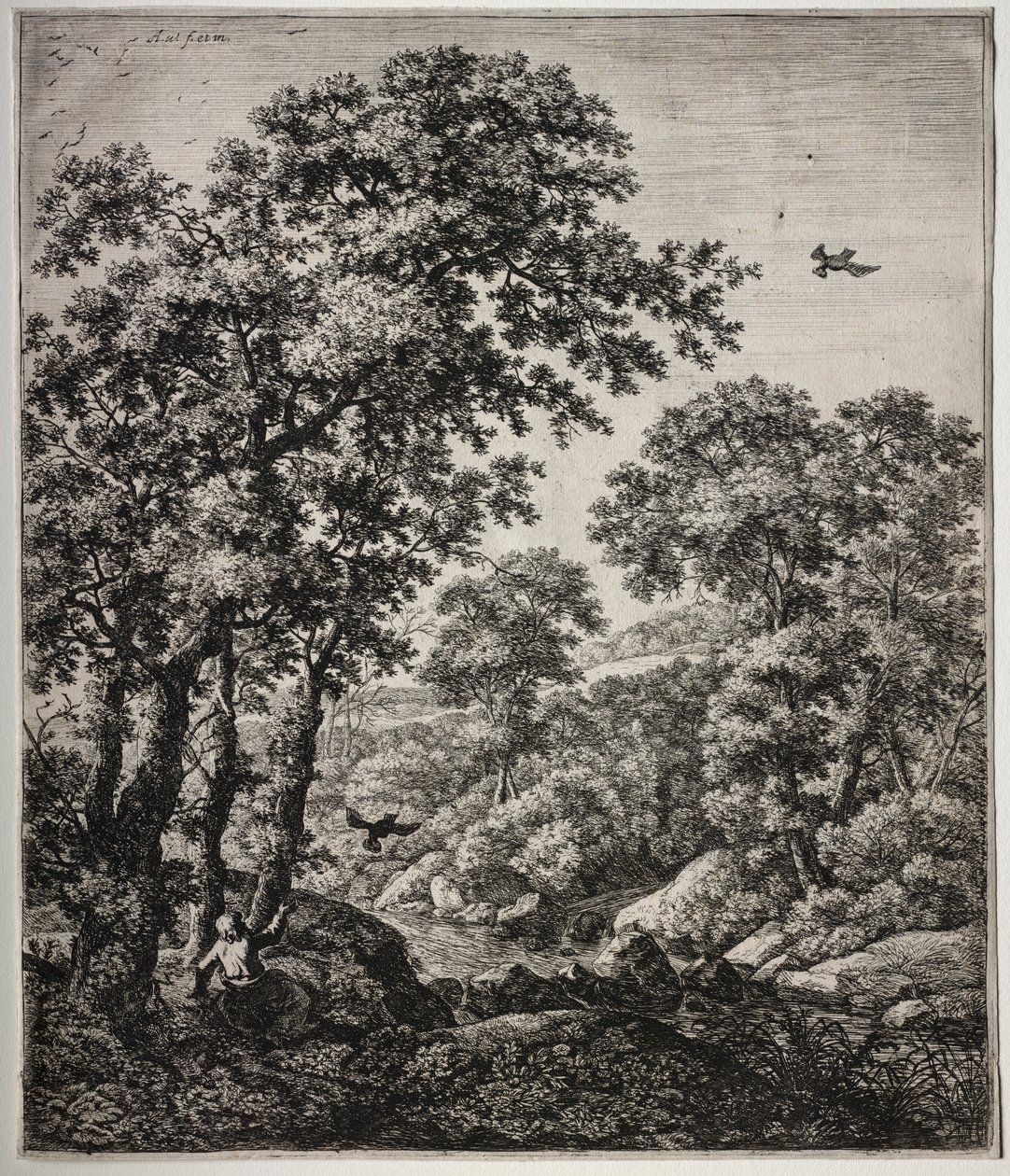 Zes grote staande landschappen met scènes uit het Oude Testament: Elia gevoed door de raven door Anthonie Waterloo