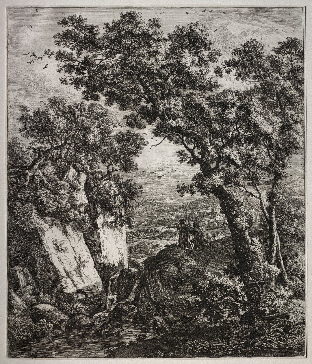 Zes grote staande landschappen met scènes uit het Oude Testament: Tobias en de Engel door Anthonie Waterloo