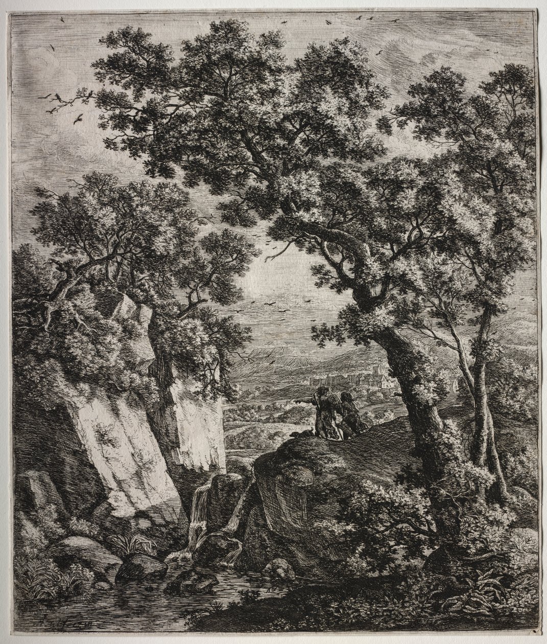 Zes grote staande landschappen met scènes uit het Oude Testament: Tobias en de Engel door Anthonie Waterloo