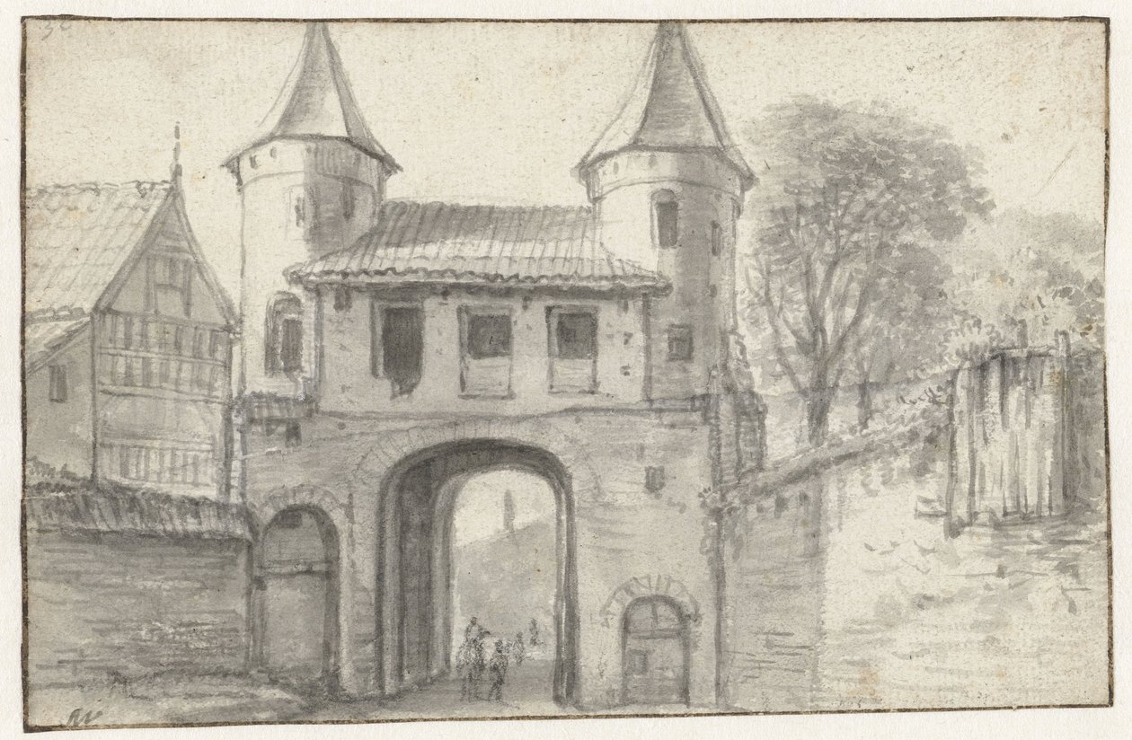 Stadspoort te Hamburg (?), vanuit de binnenzijde gezien door Anthonie Waterloo
