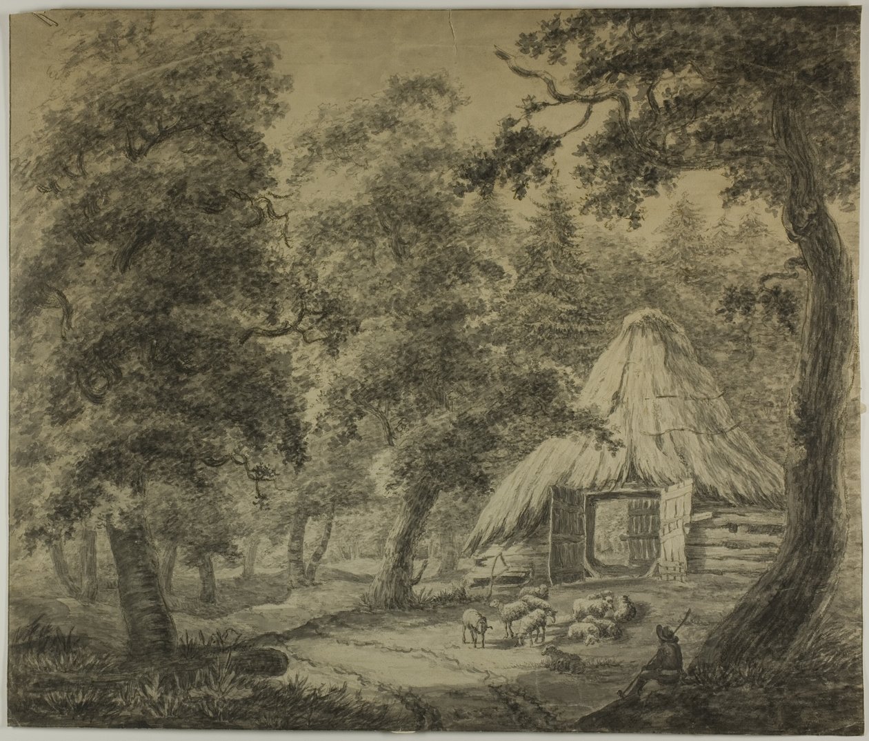 Strohut in het bos met herder en schapen door Anthonie Waterloo