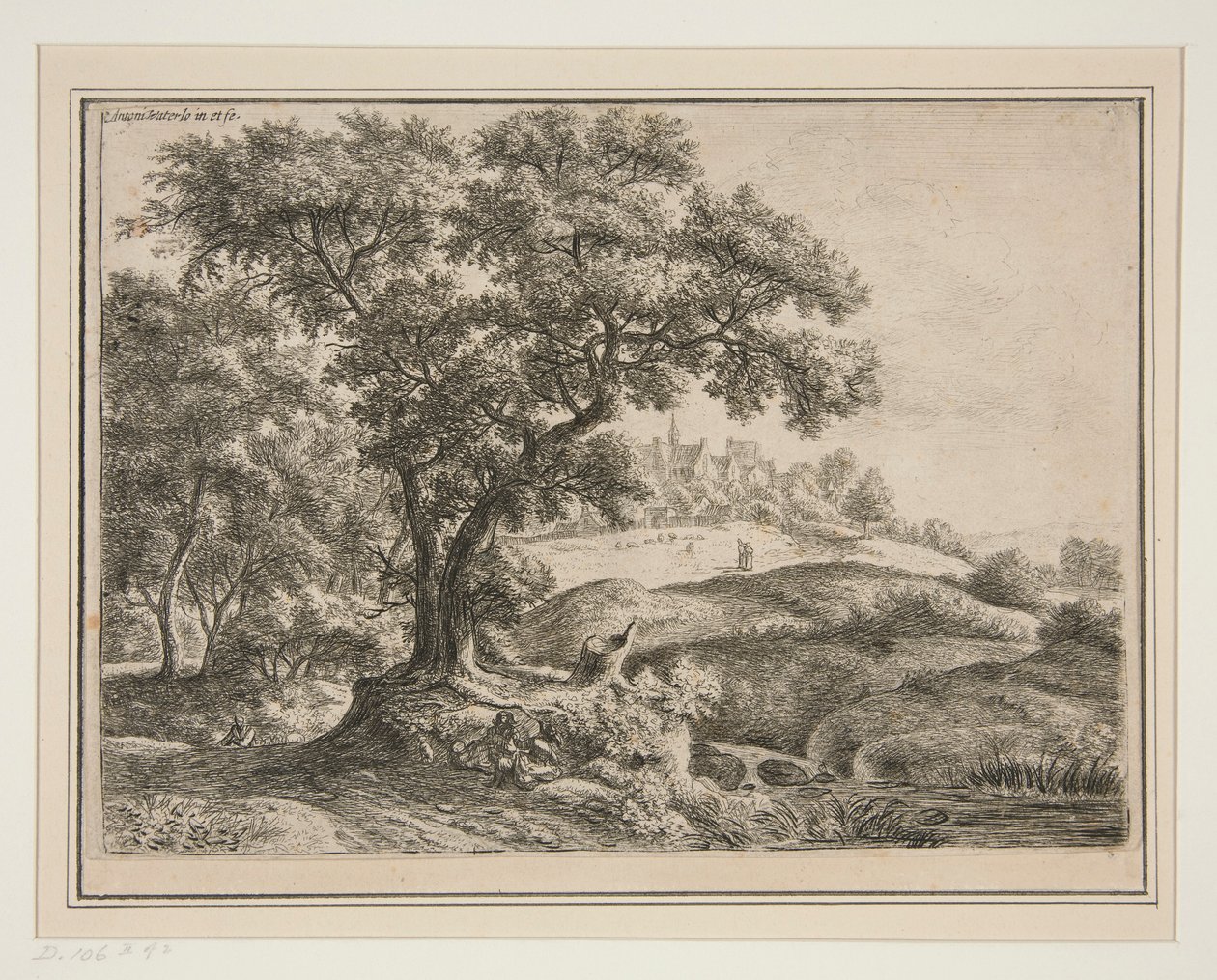 De rand van het bos met dorp op de hoogten door Anthonie Waterloo