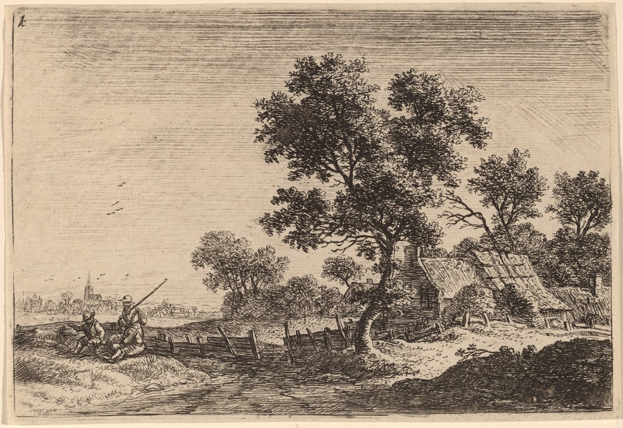 Drie Boeren op een Heuvel buiten een Dorp door Anthonie Waterloo