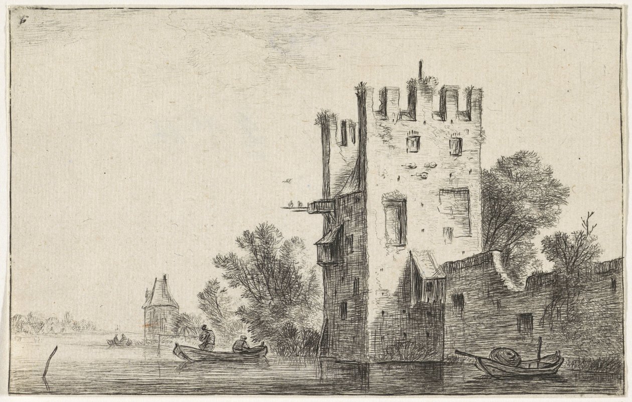 Vierkante toren aan het water door Anthonie Waterloo