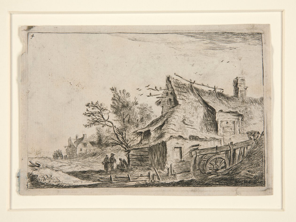 Dorp met een watermolen, uit een set van 12 landschapsetsen door Anthonie Waterloo