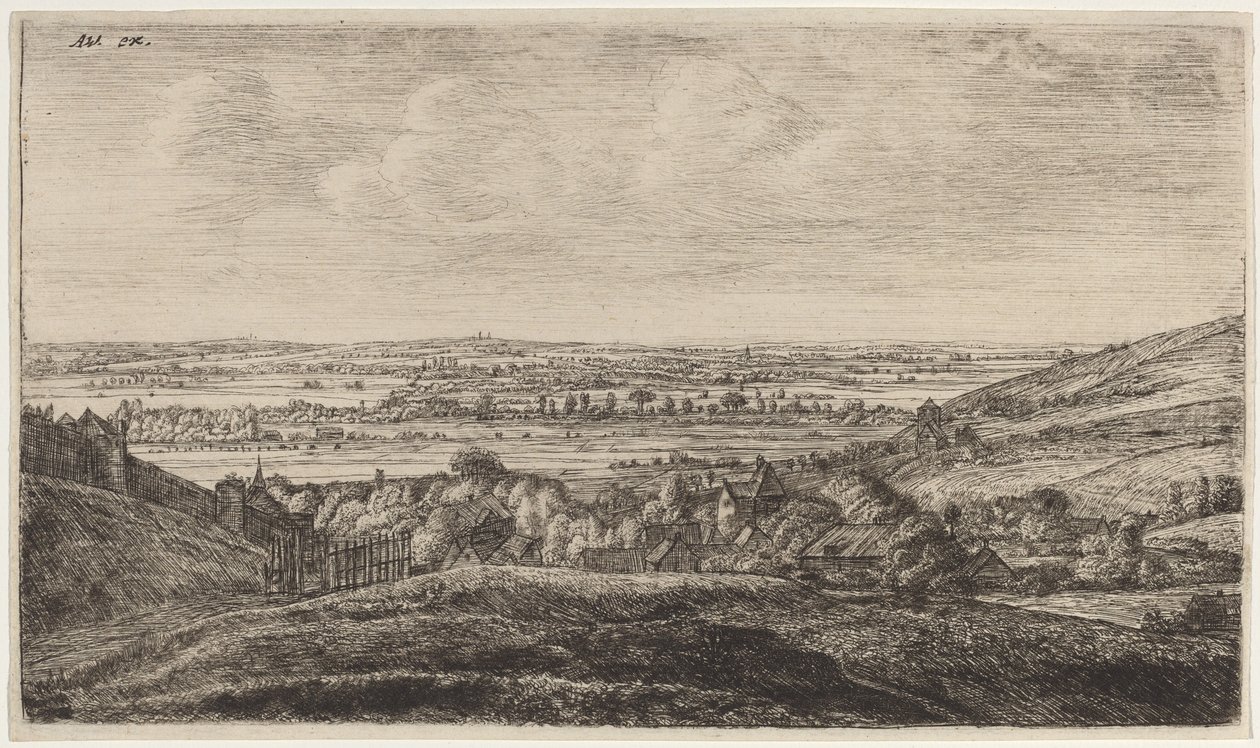 Hamlet in een vallei door Anthonie Waterloo and Johannes Ruischer