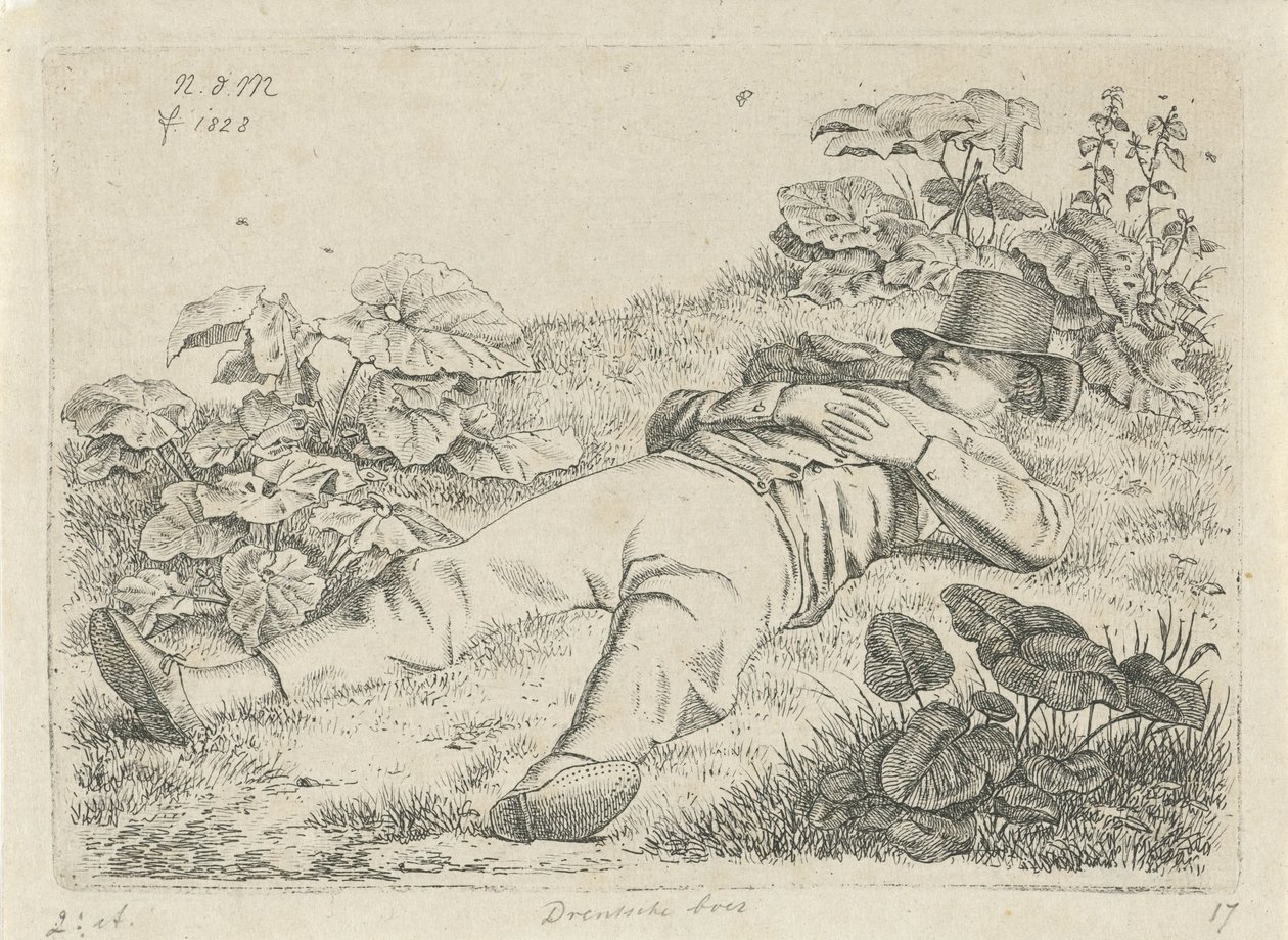 Liggend man in het gras Drentsche boer door Anthonie Willem Hendrik Nolthenius de Man