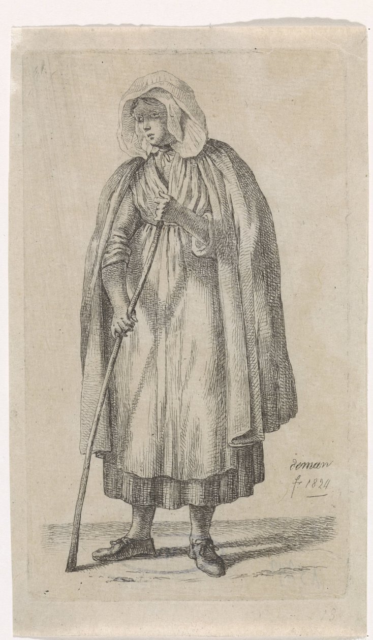 Vrouw met een mantel en een stok door Anthonie Willem Hendrik Nolthenius de Man