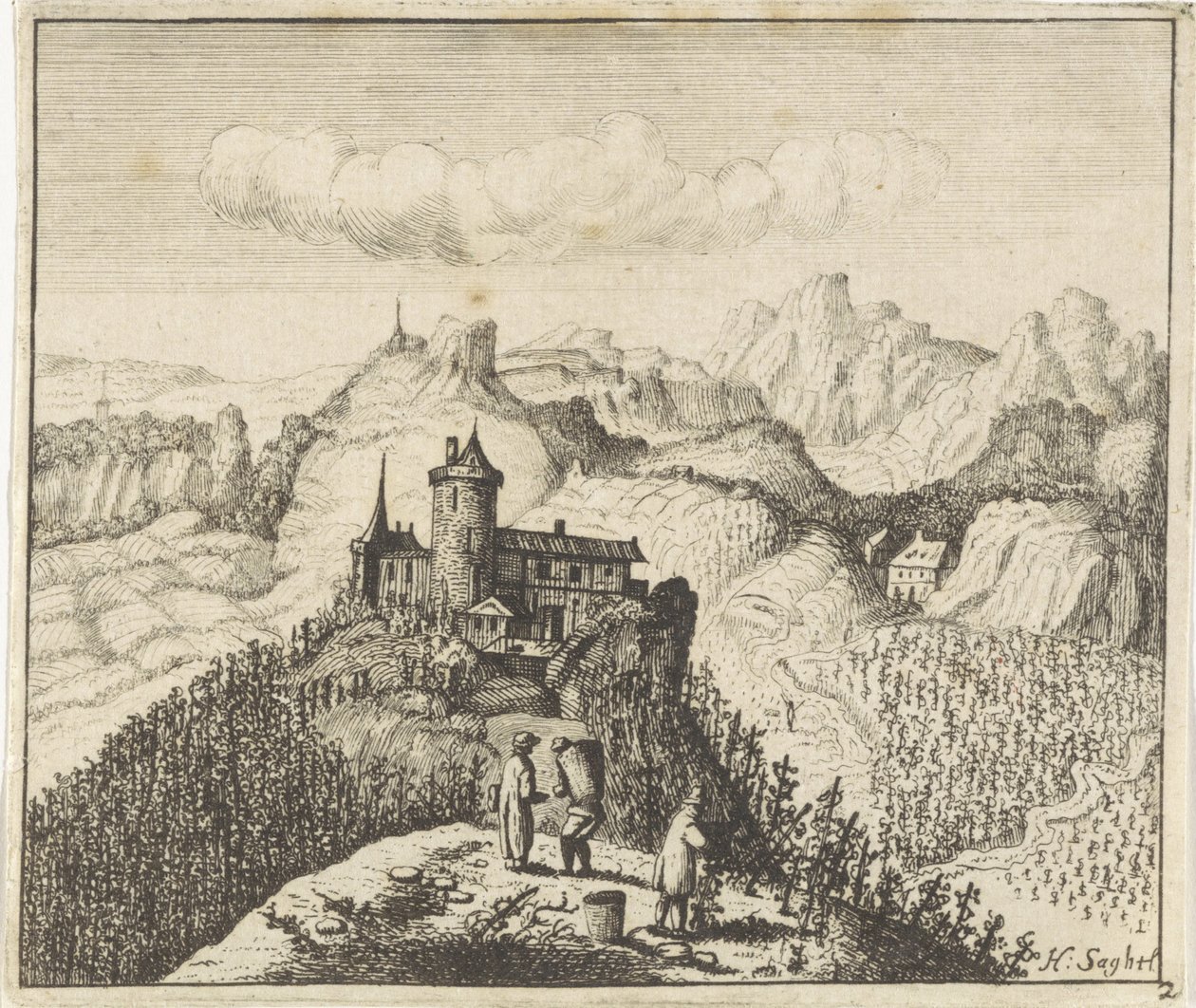 Bergachtig landschap met druivenplukkers door Anthonie de Winter (attributed to)