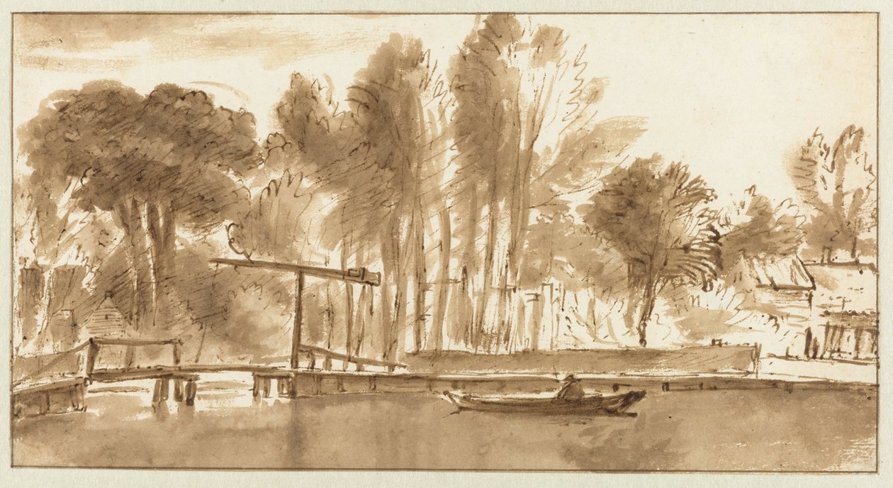 Bebost rivierlandschap met ophaalbrug door Anthonie van Borssom (attributed to)