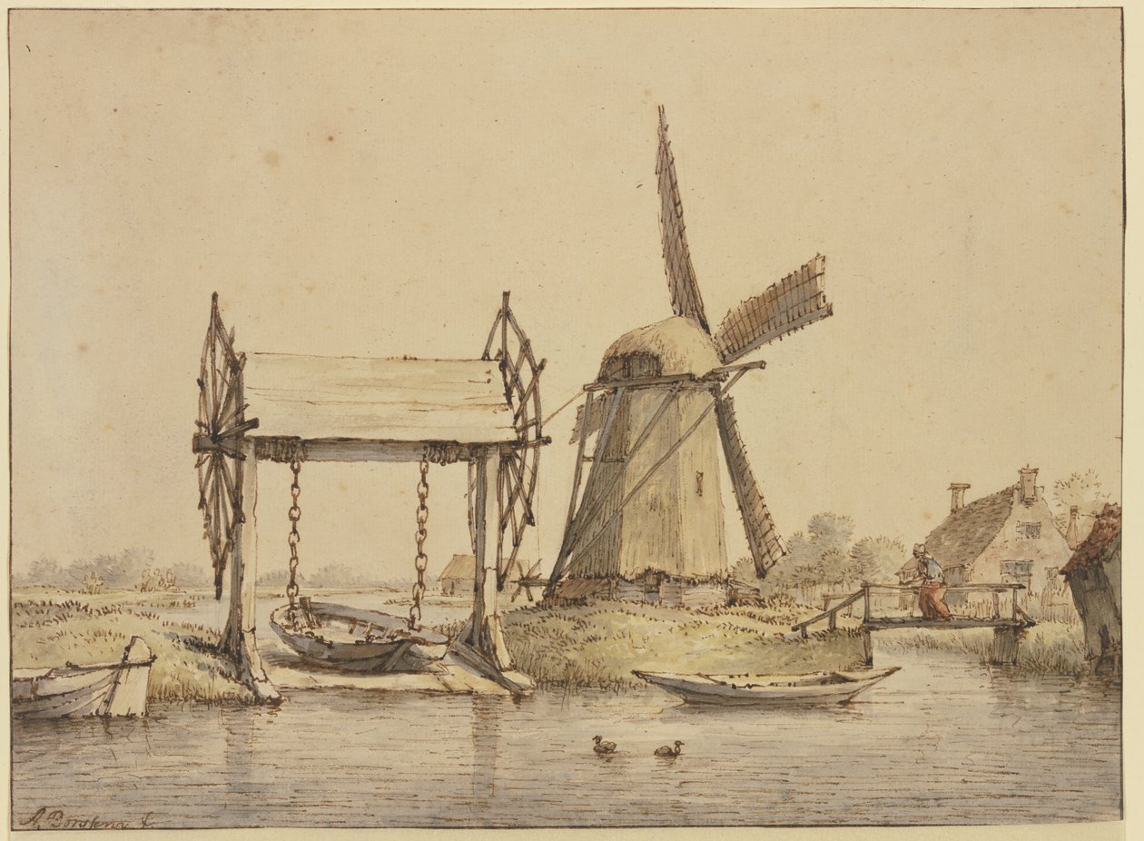 Landschap met scheepslift en molen door Anthonie van Borssom