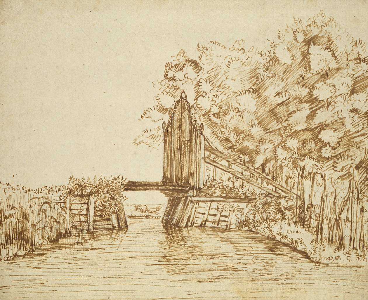 Klein bruggetje over water en de poort naar het landgoed door Anthonie van Borssom