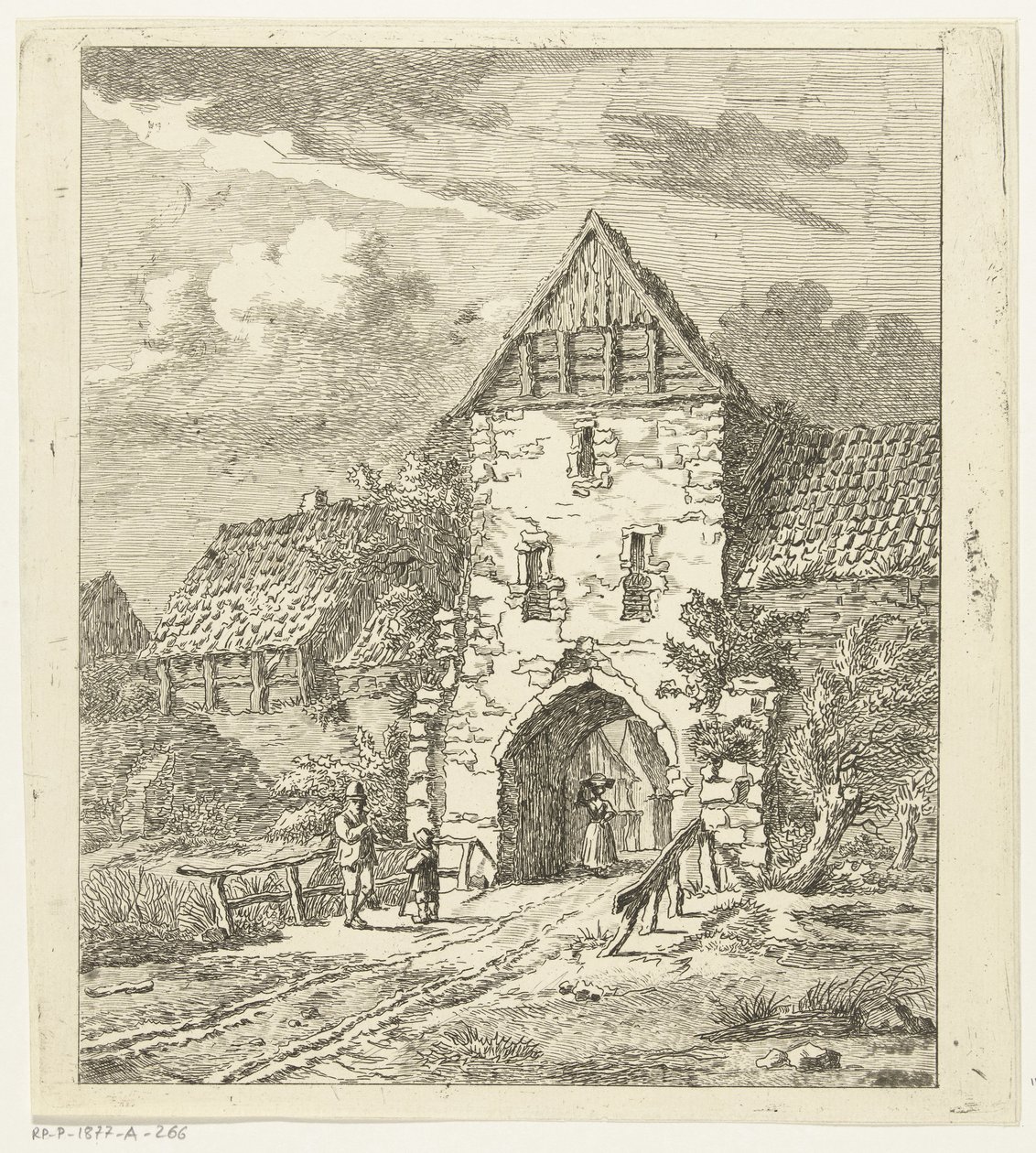 Enkele figuren bij een oude stadspoort door Anthonie van den Bos