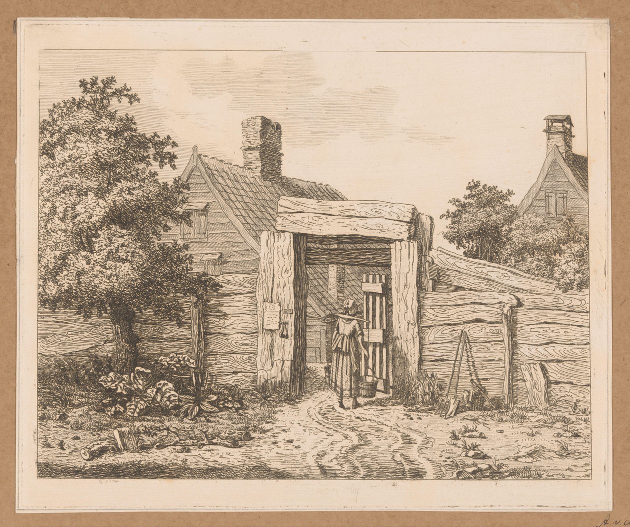 Melkmeisje bij de poort van een boerderij door Anthonie van den Bos