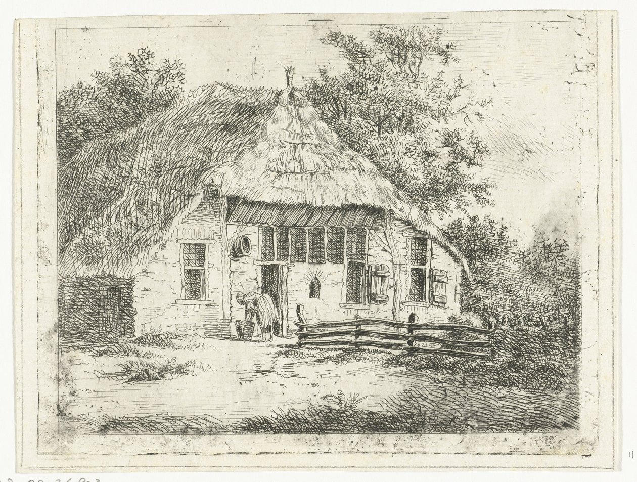 Vrouw voorover gebogen bij een mand voor een huis te Staphorst door Anthonie van den Bos