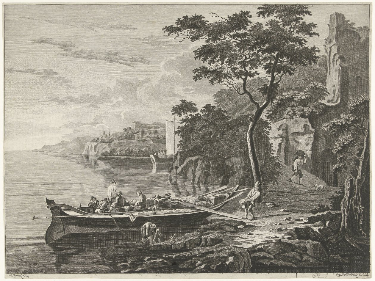 Figuren bij een schuit in een berglandschap door Anthonij van der Haer