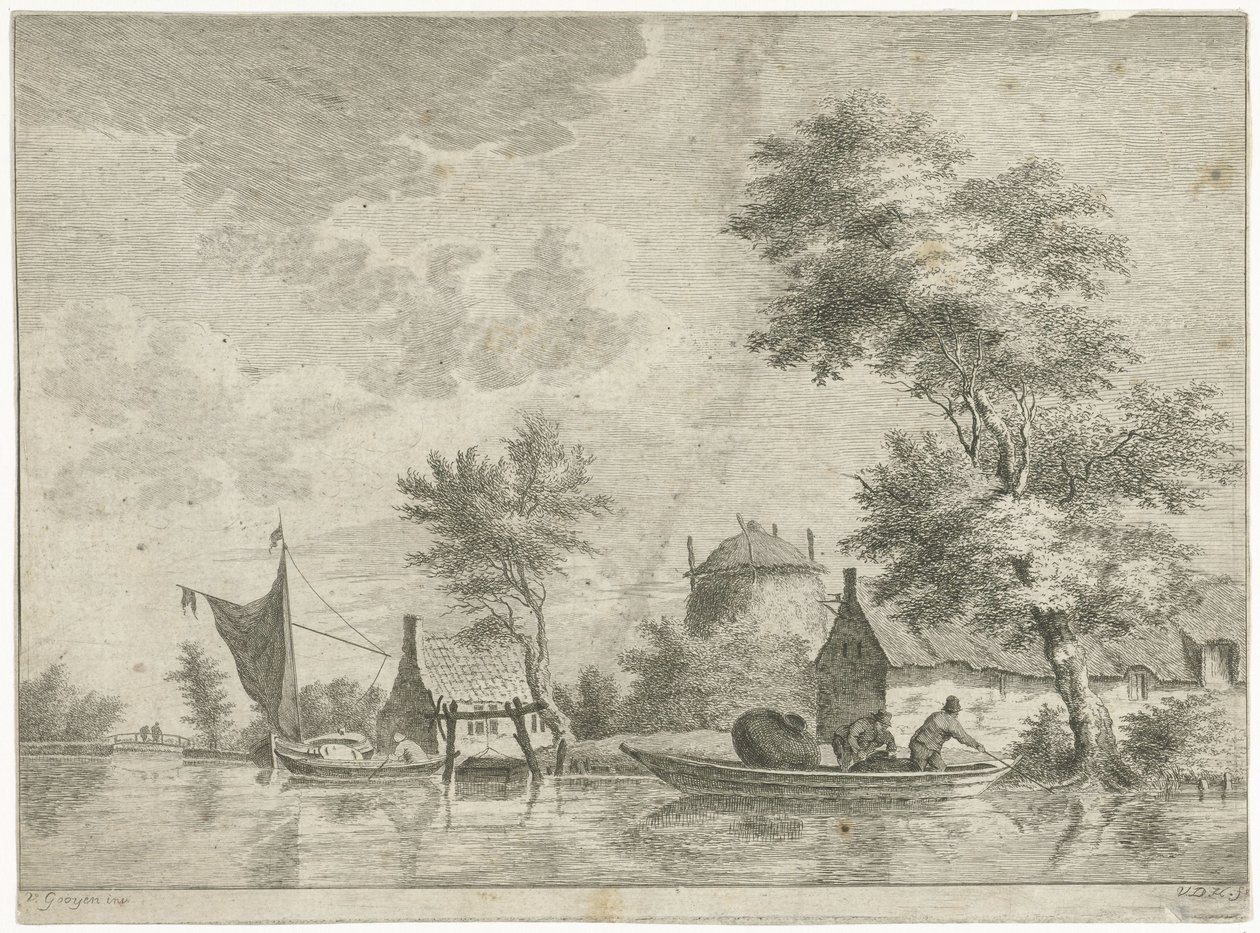 Rivierlandschap met een hooiberg door Anthonij van der Haer