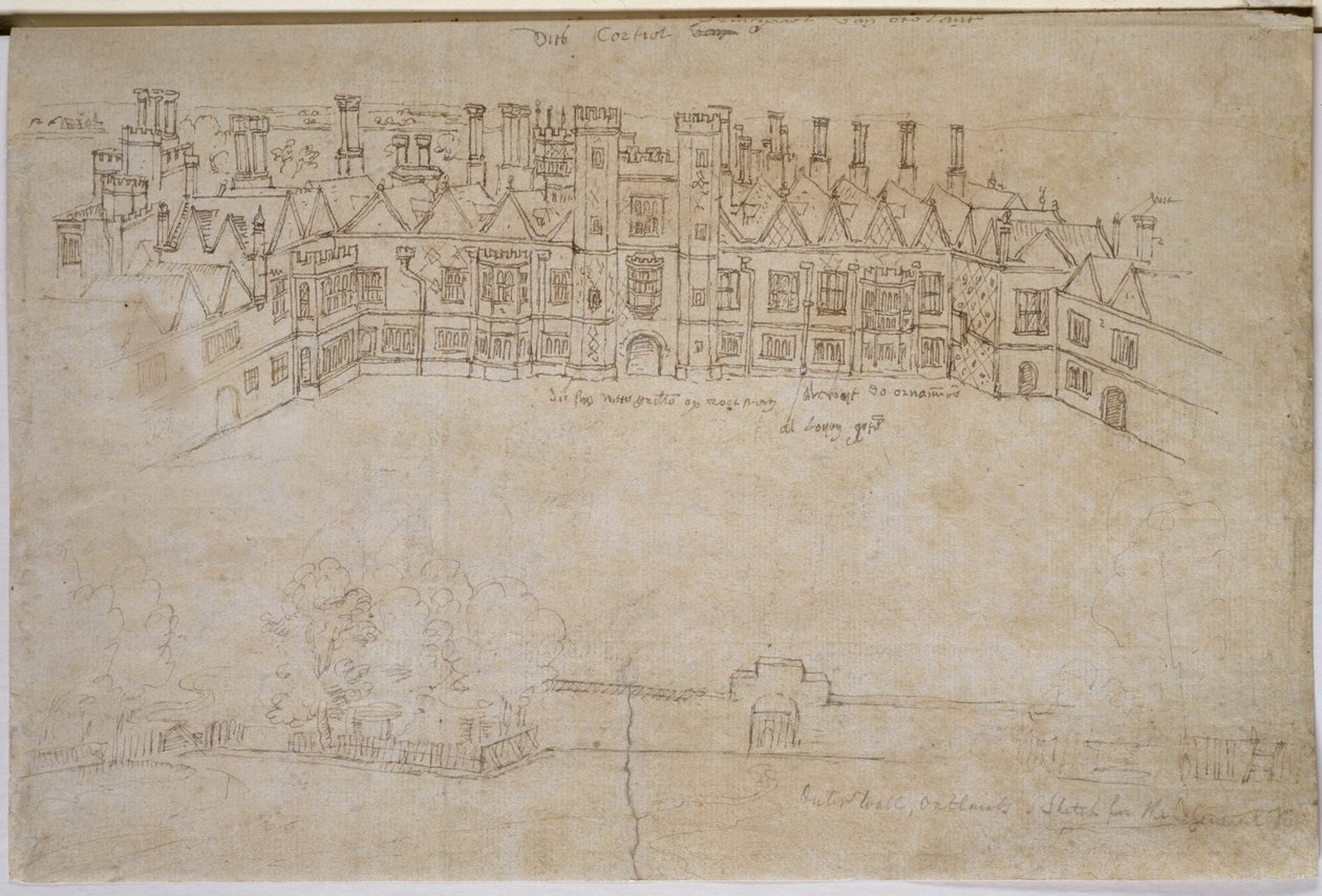 Binnenplaats en buitenmuur van Oatlands, Richmond Palace, 16e eeuw door Anthonis van den Wyngaerde