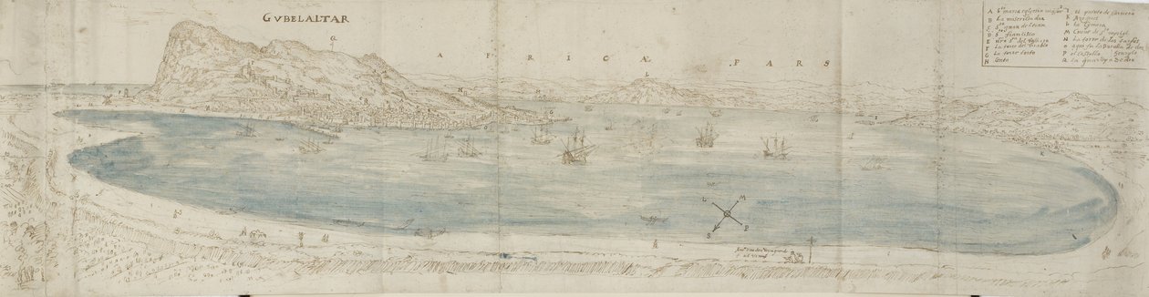 Panoramisch uitzicht over de baai van Gibraltar richting de stad en de Afrikaanse kust daarachter door Anthonis van den Wyngaerde