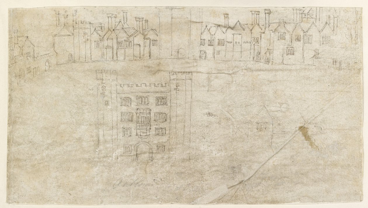 Recto: Gebouwen langs de Zuidkant van Oatlands Palace door Anthonis van den Wyngaerde