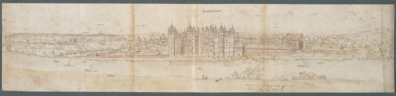 Richmond Palace vanaf de overkant van de Theems, 1562 (pen, inkt en wc op papier) door Anthonis van den Wyngaerde