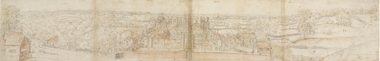 Oatlands Palace vanuit het Zuiden, 1559. Verso: Richmond Palace en Daken van Oatlands, 1559 door Anthonis van den Wyngaerde