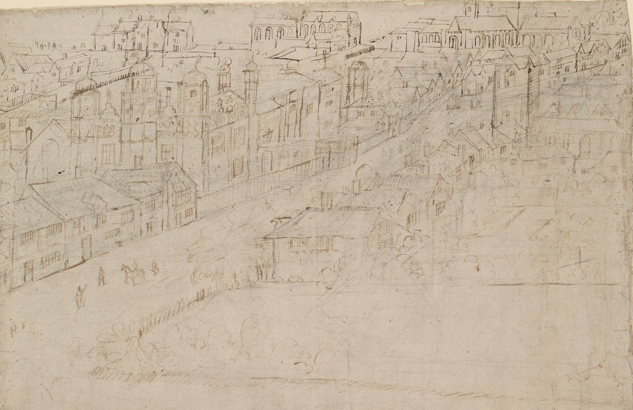 Panorama van Londen gezien vanaf Southwark: Borough High Street met St Mary Overy, 1554 door Anthonis van den Wyngaerde