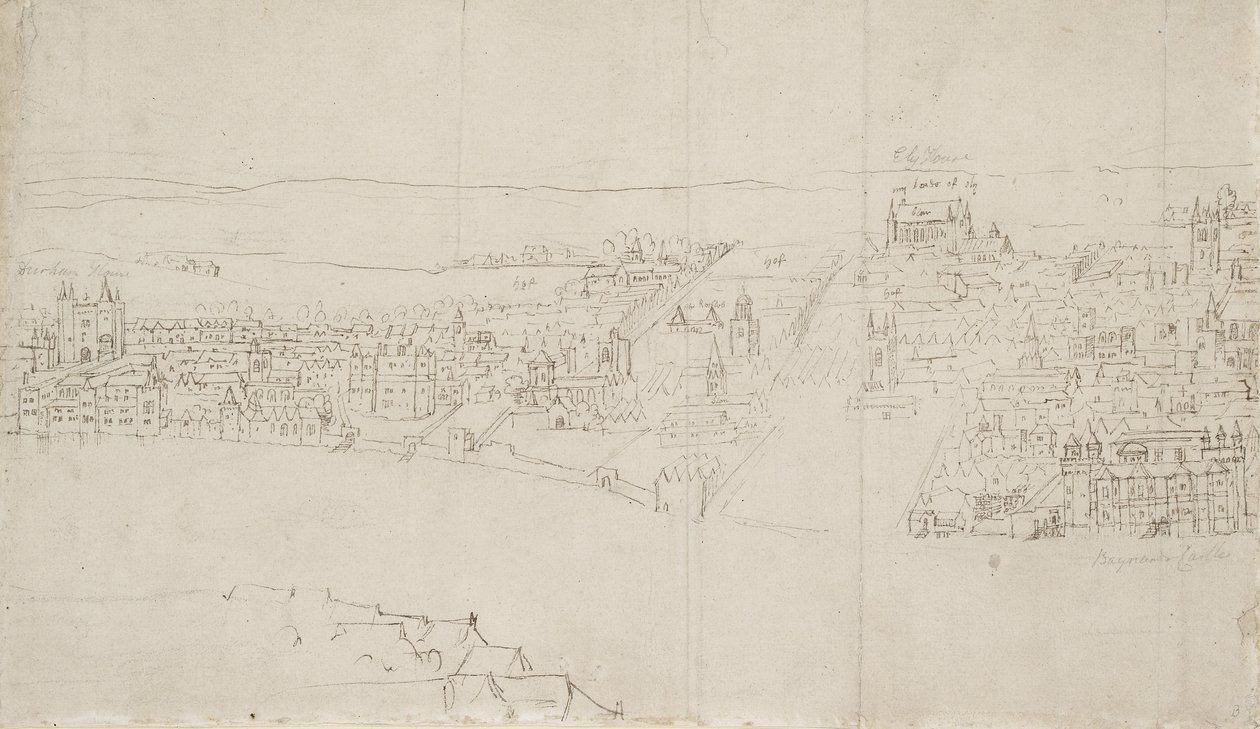 Panorama van Londen gezien vanuit Southwark: Durham House naar Barnards Castle door Anthonis van den Wyngaerde