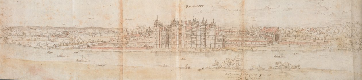 Richmond Palace vanaf de overkant van de Theems, 1562 door Anthonis van den Wyngaerde