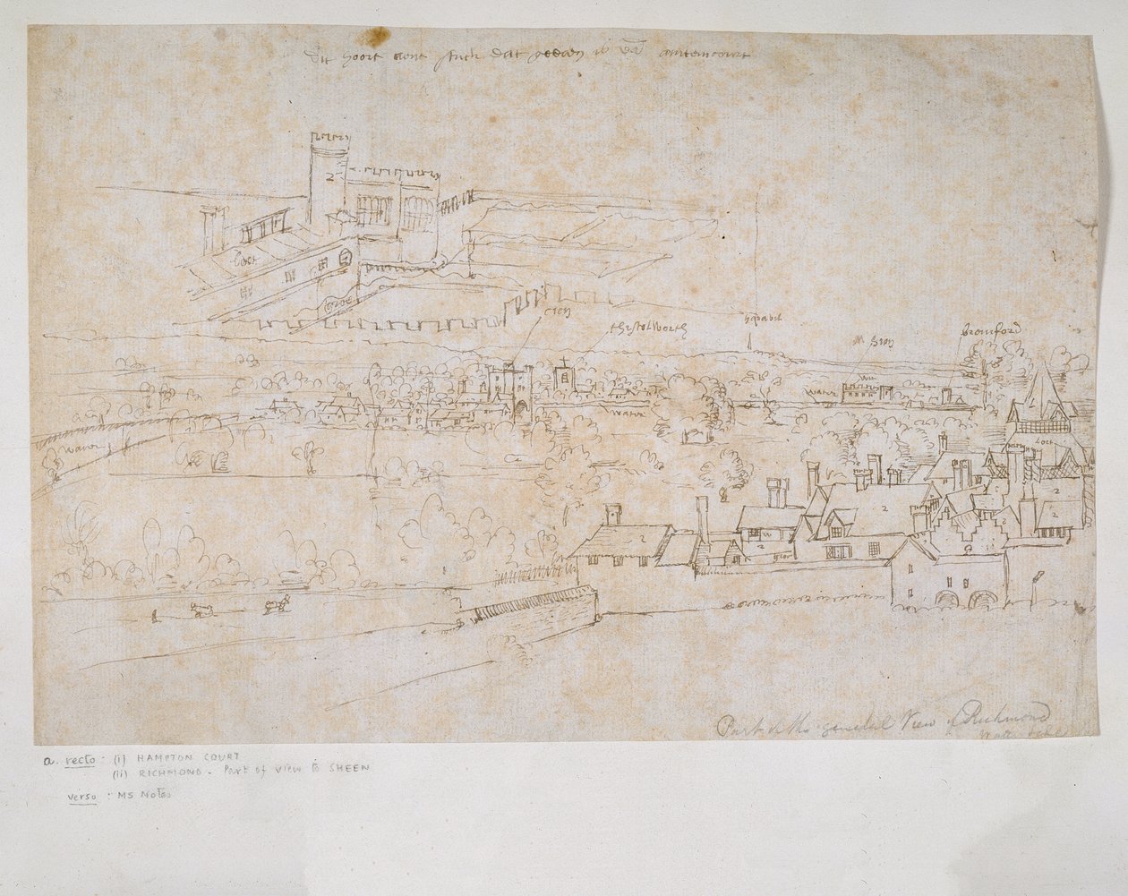 Blad met studies van de paleizen van Hampton Court en Richmond en omliggende platteland door Anthonis van den Wyngaerde